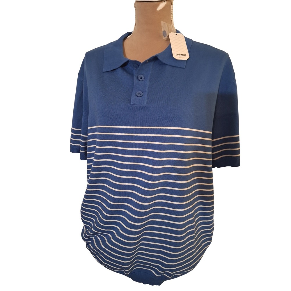 Coofandy Blue Striped Knit Polo Shirt Short Sleeve Viscose Blend XL Preppy New